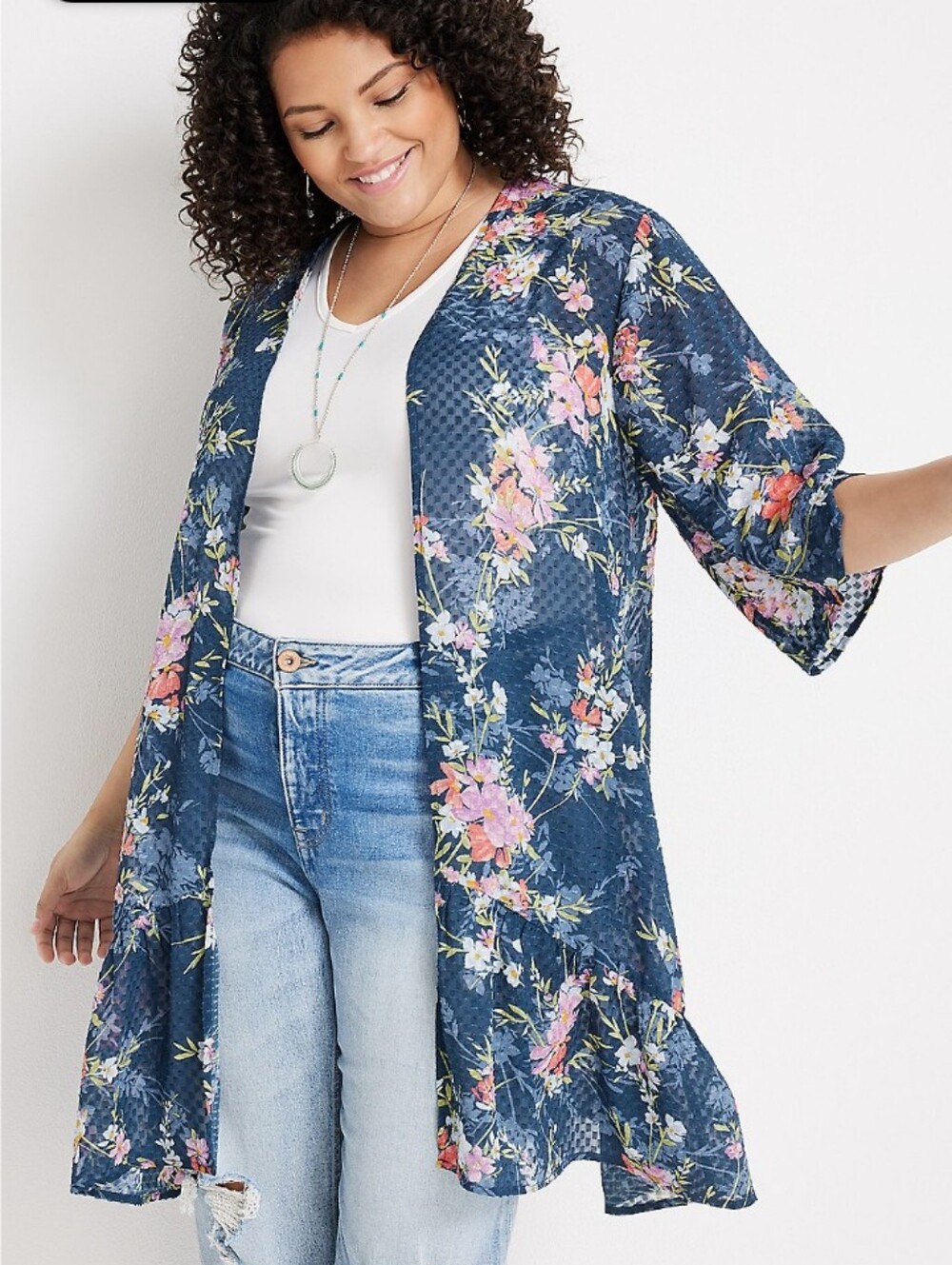Maurices Floral Textured Tiered Hem Kimono